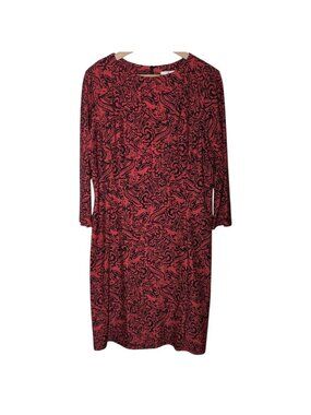 Jude Connally Red & Black Paisley Print Stretch Knit Dress XL 3/4 Sleeve Back Zi